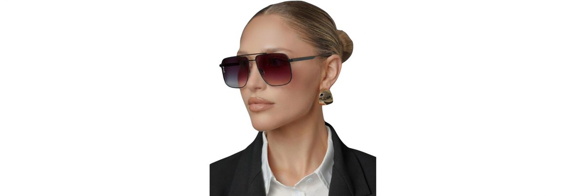 Three pairs of OTRA sunglasses on a marble slab: a light‑tint fade (Cat.2), a mid‑tint city pair (Cat.2/3), and a deep‑tint beach/alpine pair (Cat.3) under direct sun.