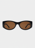 Otra Eyewear - GRACE - Dark Chocolate/Brown - Front view of GRACE sunglasses in Dark Chocolate/Brown featuring a glossy dark chocolate oval frame, warm brown lenses, and a softly curved silhouette, displayed against a clean light grey background. A timeless everyday style designed for versatile wear with full UV400 protection.