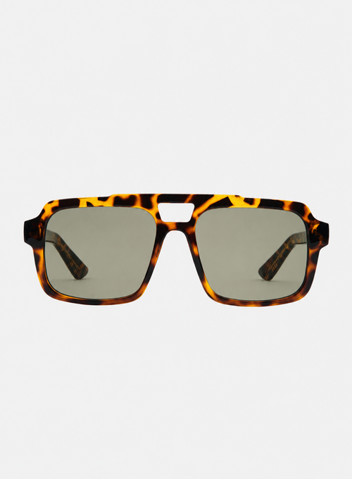 Otra Eyewear - TAME - Tort/Light Green - Front view of TAME sunglasses in Tort/Light Green featuring a lightweight tortoiseshell square aviator frame, light green lenses, and a structured angular silhouette. A modern interpretation of the classic aviator designed for effortless everyday style.