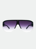 Otra Eyewear - Vista - Black/ Smoke -Fade Front view of shield sunglasses in Black/Smoke Fade featuring an oversized rimless smoke fade shield lens, bold black brow bar, and signature gold stud detailing.