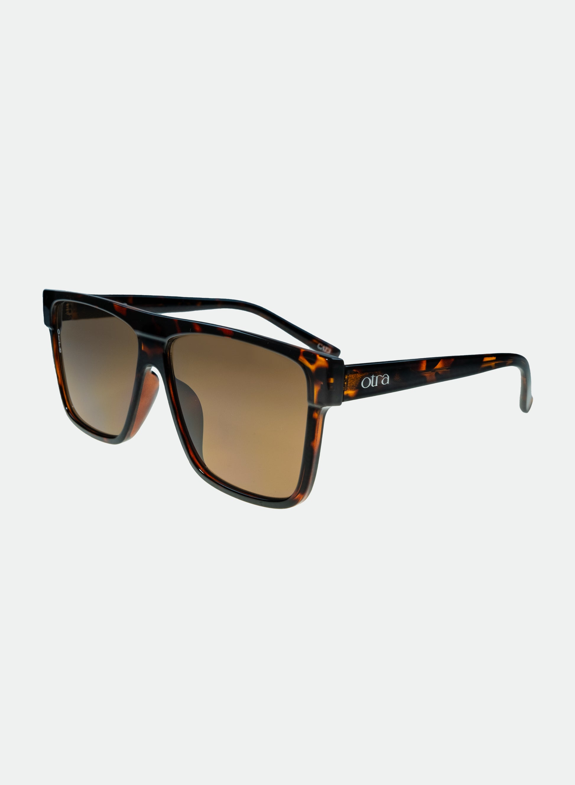 Side view Amos flat top oversized glasses in tortoiseshell