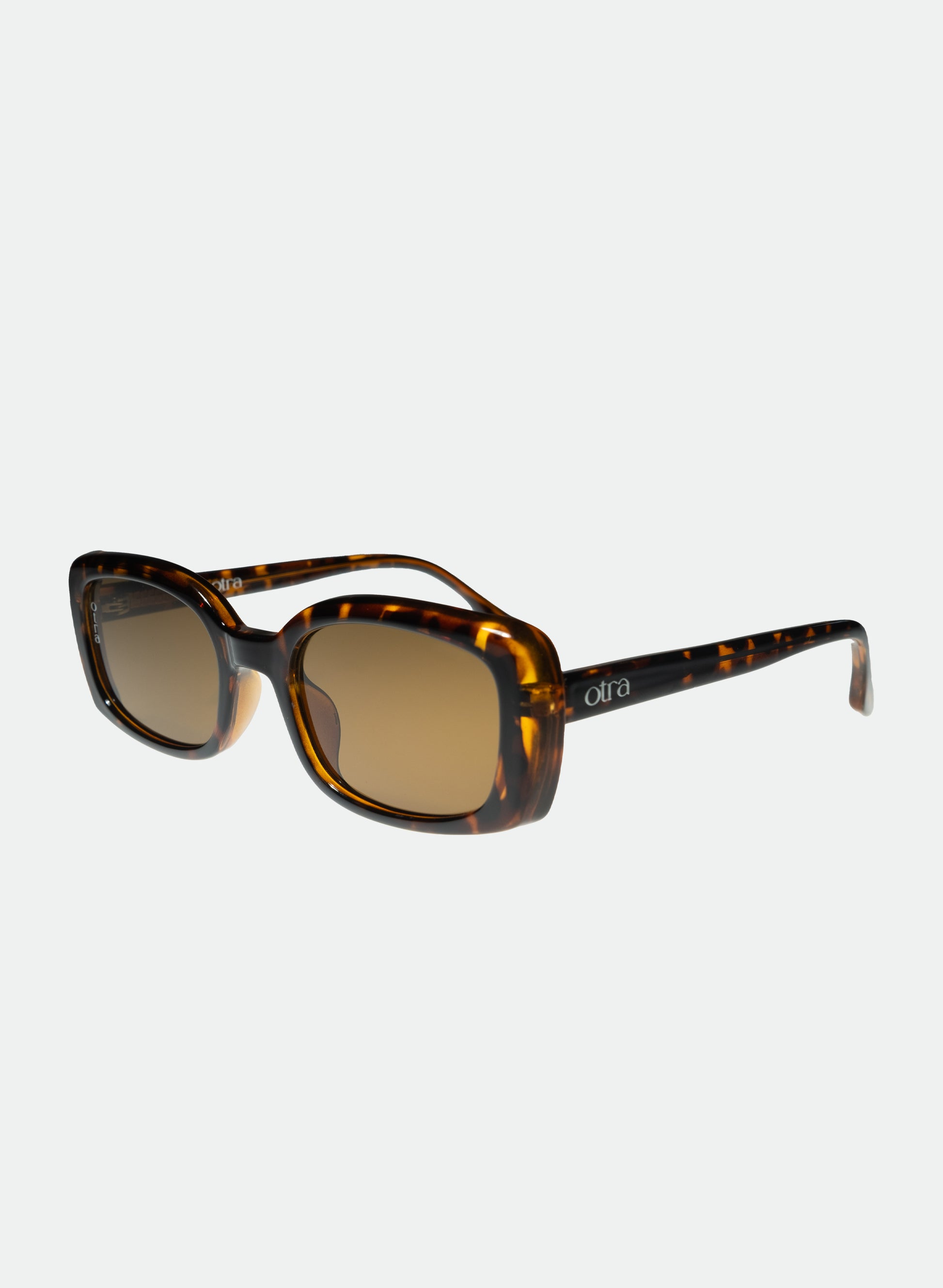 Side view of Daisy small rectangle sunglasses in brown tortoiseshell