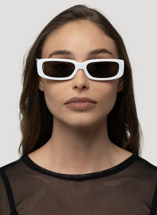 Model wearing Sunny white small sunglasses 