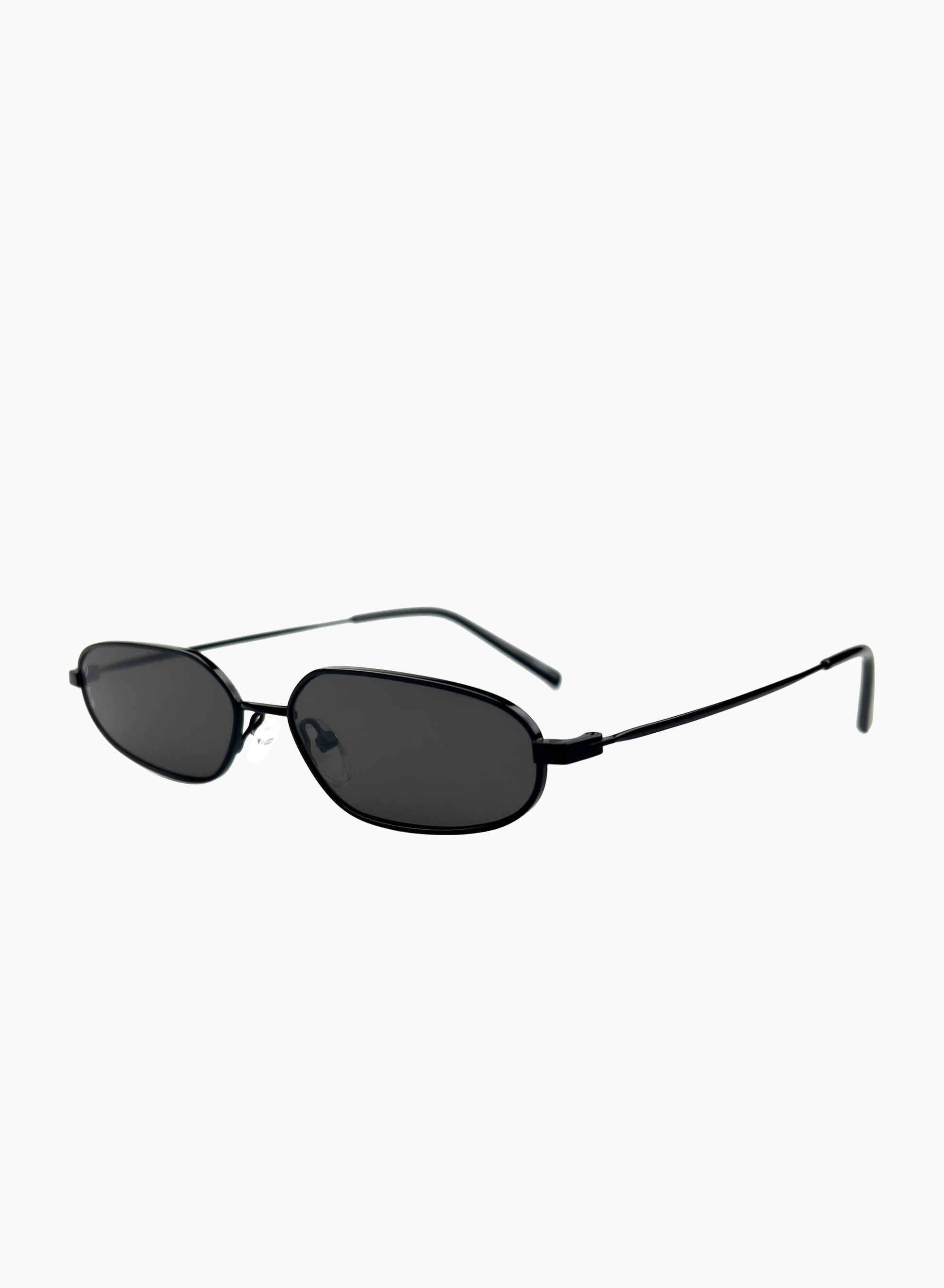 Side view of Drew slim metal sunglasses in black