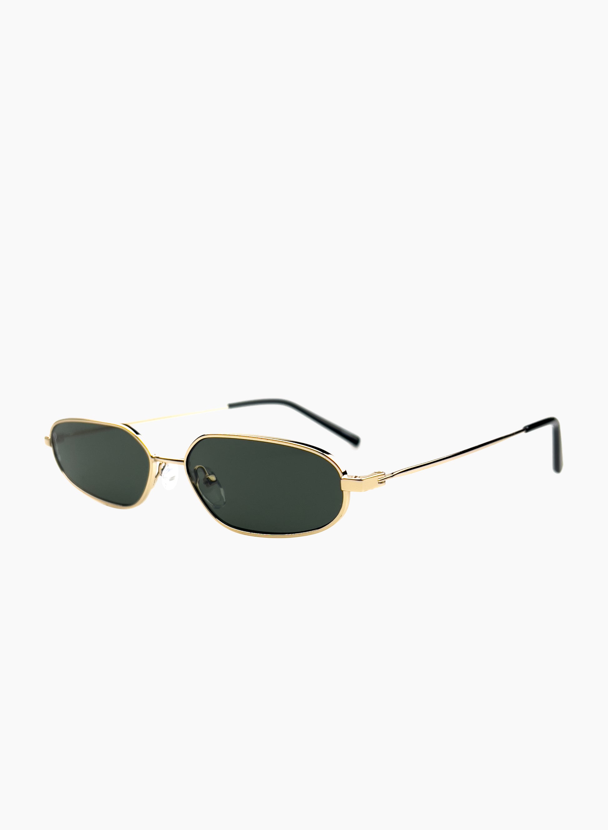 Side view Drew metal sunglasses with gold metal frame and green lenses