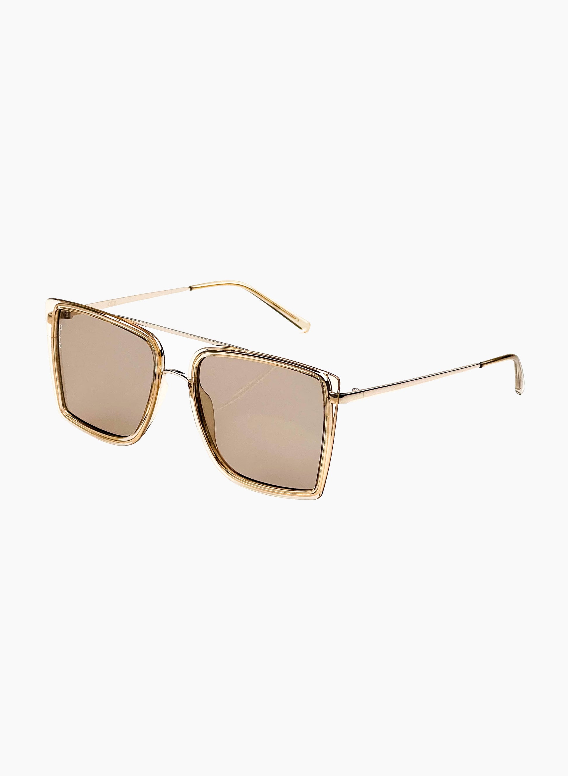 Side view of Velda oversized square aviator sunglasses in gold
