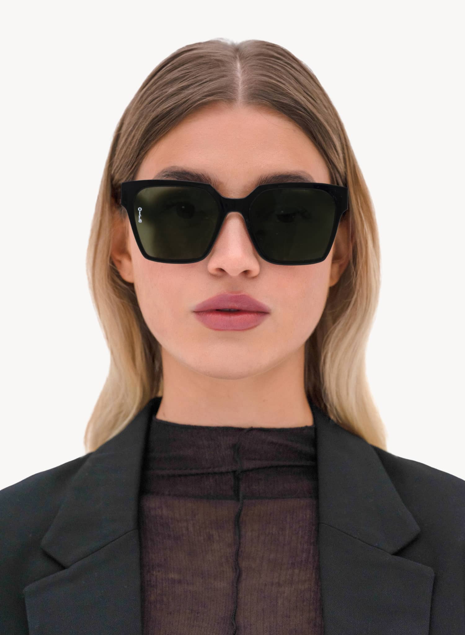 Model front view of Zamora angled square sunglasses in black